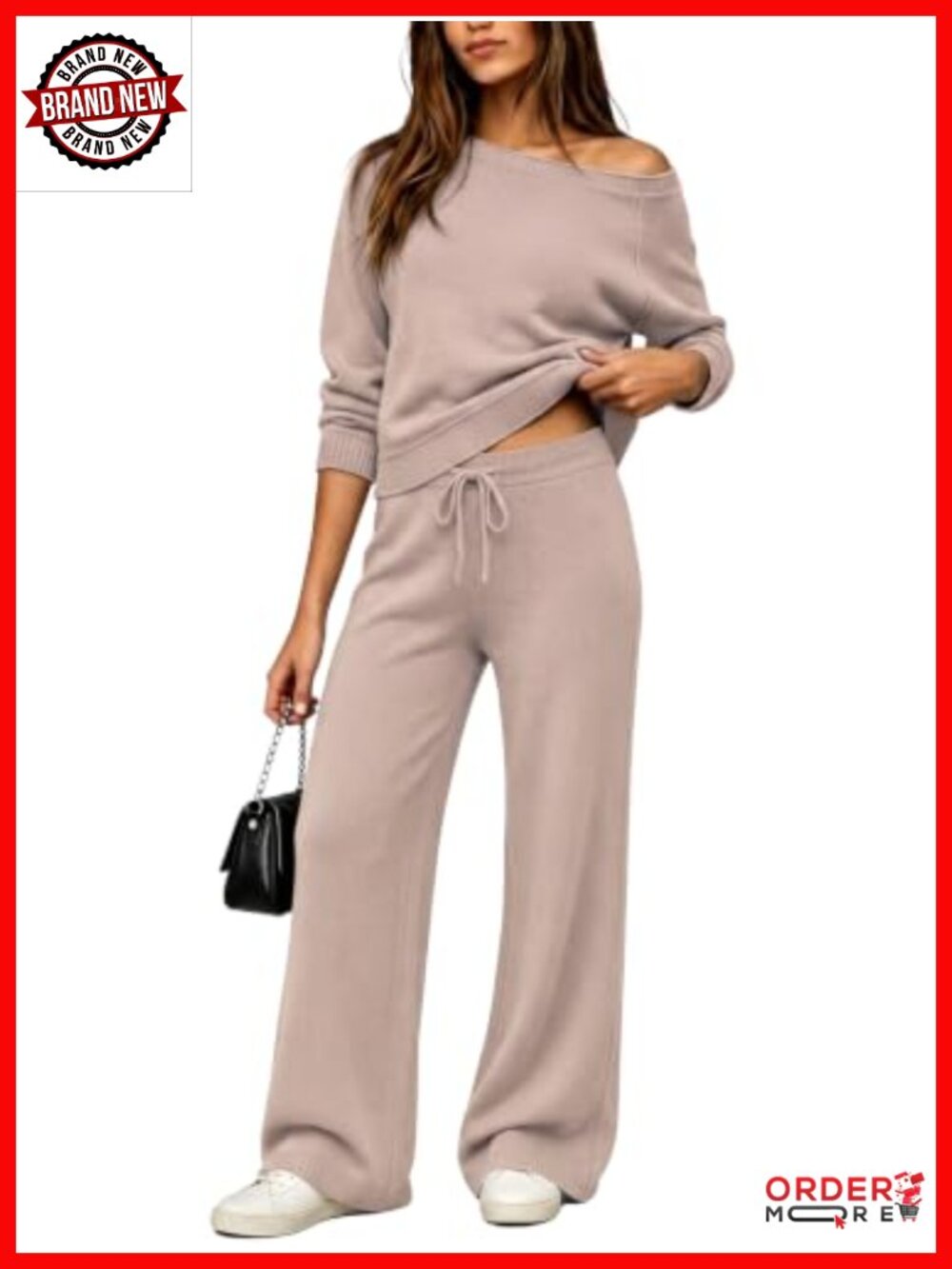 Off Shoulder Knit Sweater Set Wide Leg Pant Two Piece Casual Outfit